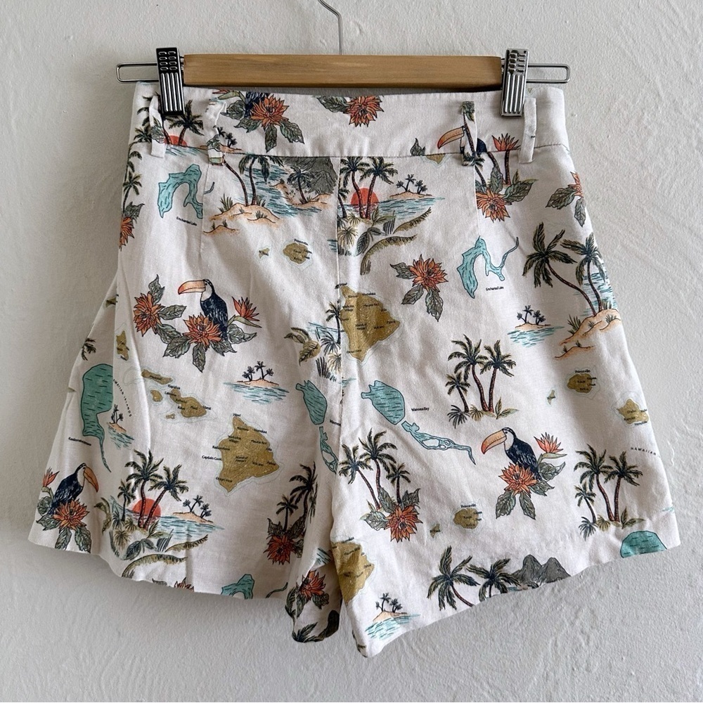 Twik High Waist Beach Tropical Hawaiian Print Pleated Linen Shorts Size XS - Picture 4 of 5